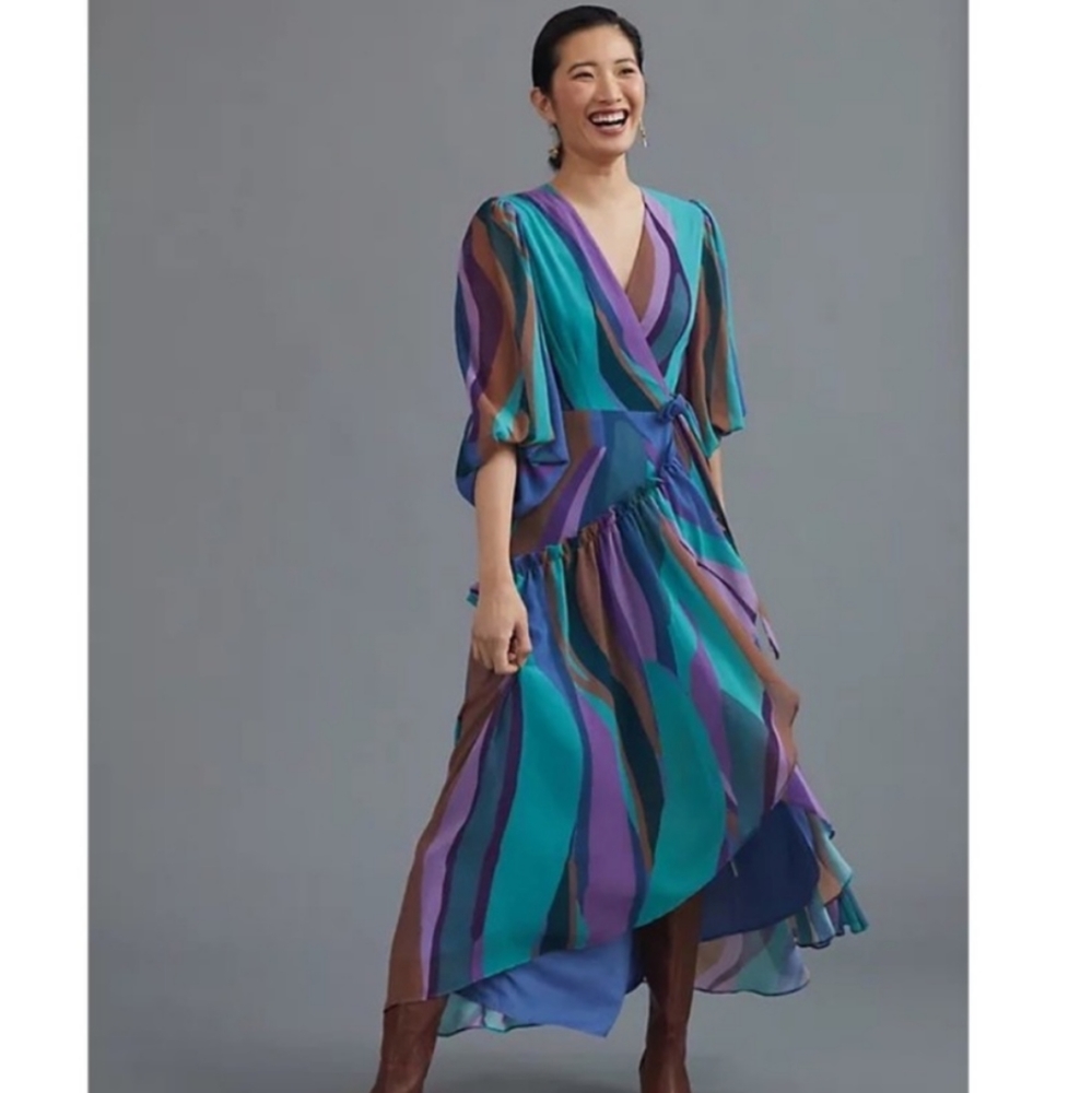 Anthropologie Balloon Sleeve Flowy Maxi Wrap Dress - Picture 9 of 10